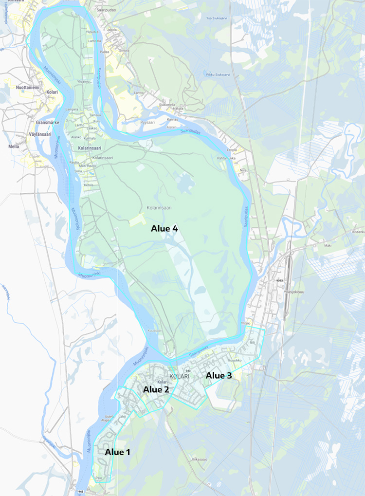 Karttakuva Kolarin valokuituverkon alueesta
