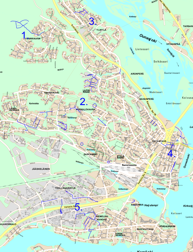Kartta Rovaniemen länsipuolen rakennuskohteista.